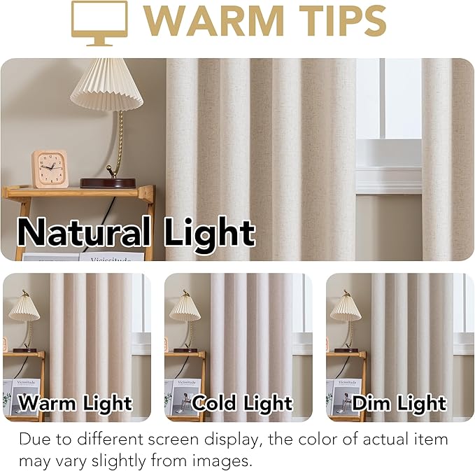 H.VERSAILTEXLinen-Polyester Curtains 100%Blackout Curtains for Bedroom 96"Long Full Light Blocking Nature Linen-Polyester Blended Window Curtains for LivingRoomNickel Grommet(2Panels,HeatheredNatural)