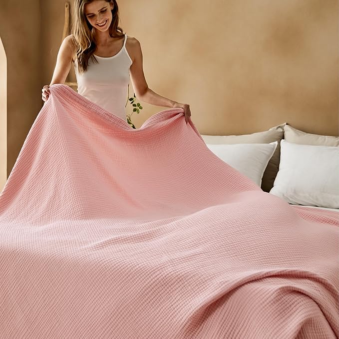 Bedsure 100% Cotton Muslin Blanket King Size for Bed - 4-Layer Breathable and Lightweight Thin Soft Summer Gauze Muslin Blanket for Adults, Pink, 108x90 Inches