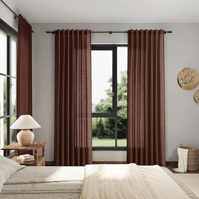 Rustic Brown Linen Curtains 84 Inch Length 2 Panels Set for Living Room Rod Pocket Back Tab Light Filtering Window Drapes for Bedroom Dining Room Protect Privacy Modern Farmhouse Decor 52x84