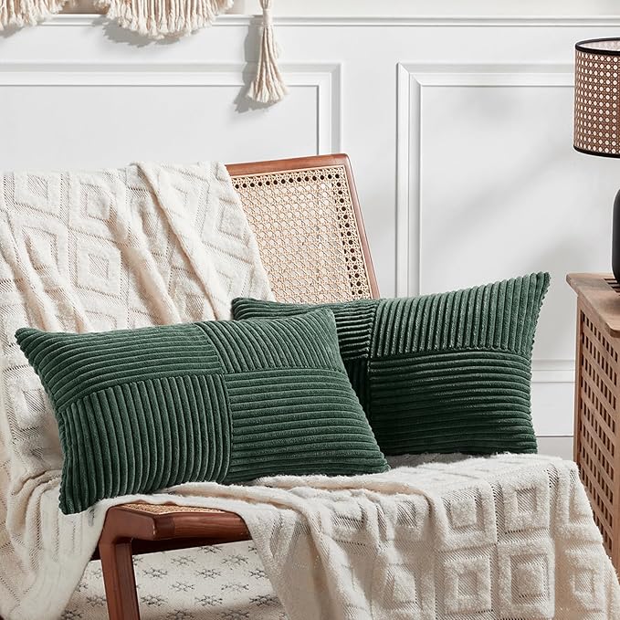 Fancy Homi Set of 2 Dark Green Lumbar Decorative Throw Pillow Covers 14x22 Inch for Living Room Couch Bed, Boho Farmhouse Forest Green Home Decor, Soft Corduroy Corss Patchwork Cushion Case