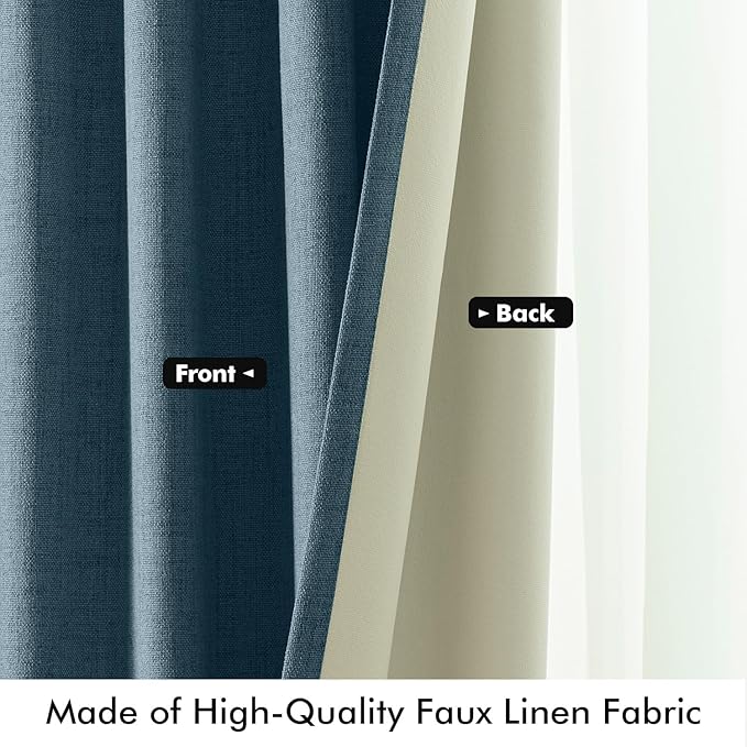 MIULEE 100% Blackout Linen Curtains for Bedroom, Stone Blue Solid Luxury Decor Thermal Insulation Room Darkening Drapes for Living Room Nursery Back Tab Rod Pocket 42 x 108 Inches, 2 Panels