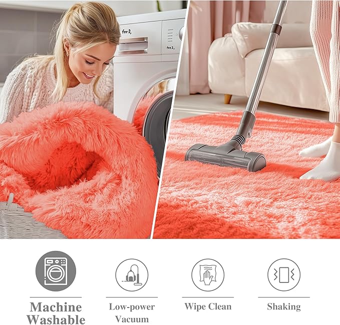 OLANLY Coral Red Round Rugs for Bedroom - Machine Washable, 3 ft Circle Area Rugs for Living Room, Soft and Fluffy Shaggy Carpet for Teen Girl and Boys, Nursery Rooms, Dorms, Home Decor Aesthetic