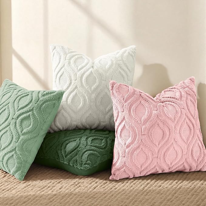 decorUhome Throw Pillow Covers 18x18 Inch Set of 2, Soft Plush Faux Wool Pink Solid Couch Pillow Covers, Accent Farmhouse Neutral Square Pillow Cases for Sofa Bed Living Room