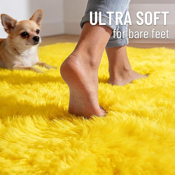 OLANLY 2x3 Machine Washable Small Bedside Rug, Soft Fluffy Shaggy Entryway Throw Rugs for Bedroom, Living Room, Indoor Floor Carpet for Kids Girls and Boys, Nursery Rooms, Home Decor Aesthetic, Yellow