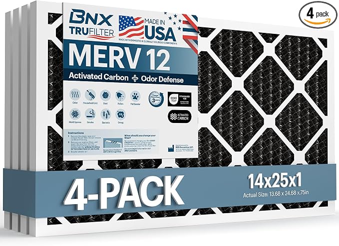 BNX TruFilter 14x25x1 MERV 12 Odor Defense AC Furnace Air Filter by BNX