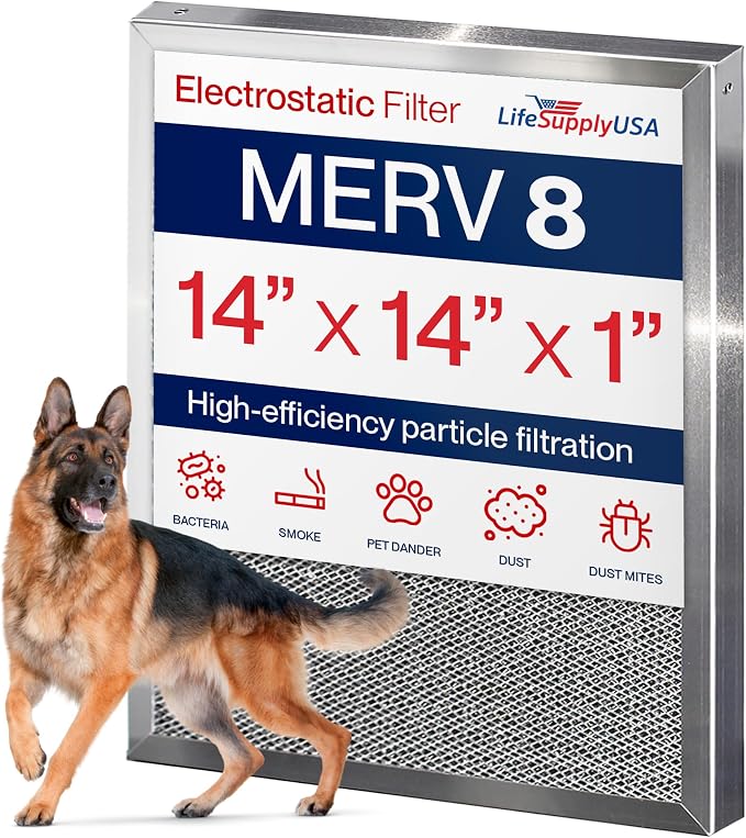 14x14x1 Electrostatic Air Filter, MERV 8, Reusable Furnace AC/HVAC Filter by LifeSupplyUSA
