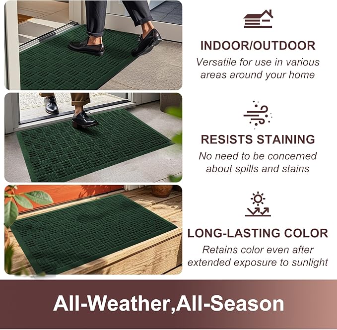 Mibao Front Door Mat Indoor Outdoor Entrance, Dirt Trapping Waterproof All-Season, All-Weather Doormat, Non-Slip Durable Natural Rubber Low Profile Easy Clean Patio Entrance Mat, 47" x 31.5", Green