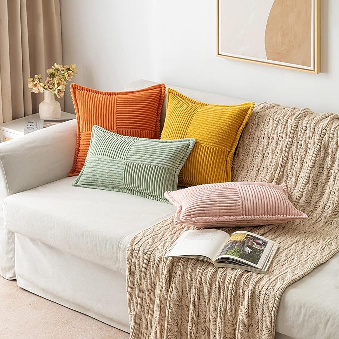 MIULEE Spring Decorative Lumbar Throw Pillow Covers for Couch Bed Livingroom 12x20 Inch Set of 2 Sage Green Boho Accent Throw Pllows Broadside Striped Patchwork Soft Corduroy Pillowcases