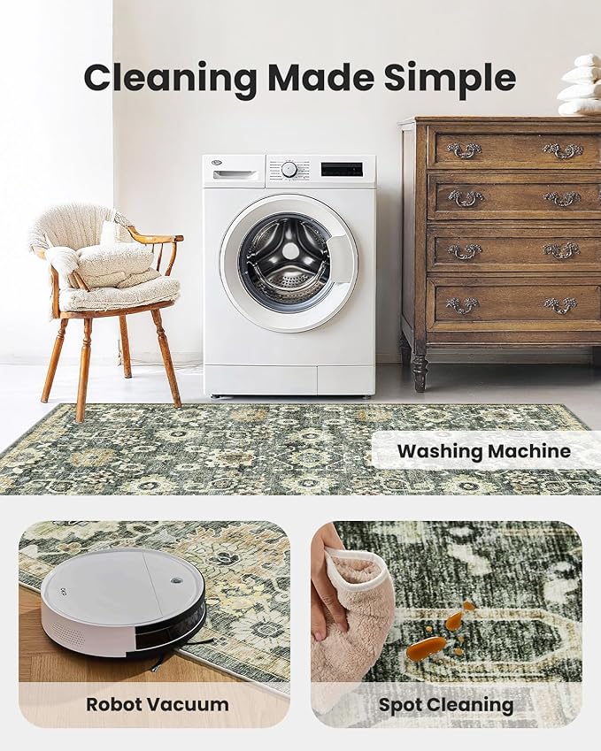 AMADA HOMEFURNISHING 5x7 Area Rugs, Washable Living Room Rug Low-Profile with Non-Slip Backing & Durable Edge Binding, Vintage 5x7 Rugs for Living Room, Bedroom, Dining Room