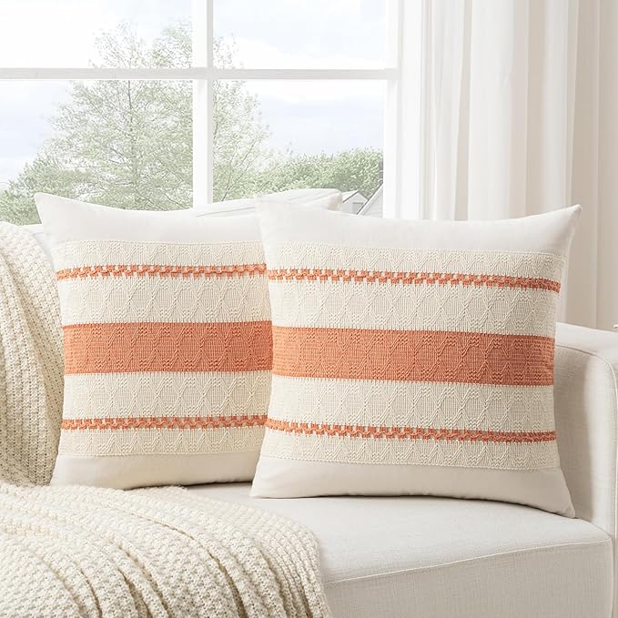 Fancy Homi Set of 1 Boho Coral Decorative Throw Pillow Cover 16x16 Inch for Couch Bed Sofa, Aesthetic Modern Organic Farmhouse Home Decor, Soft Cotton Cute Accent Macrame Woven Cushion Case