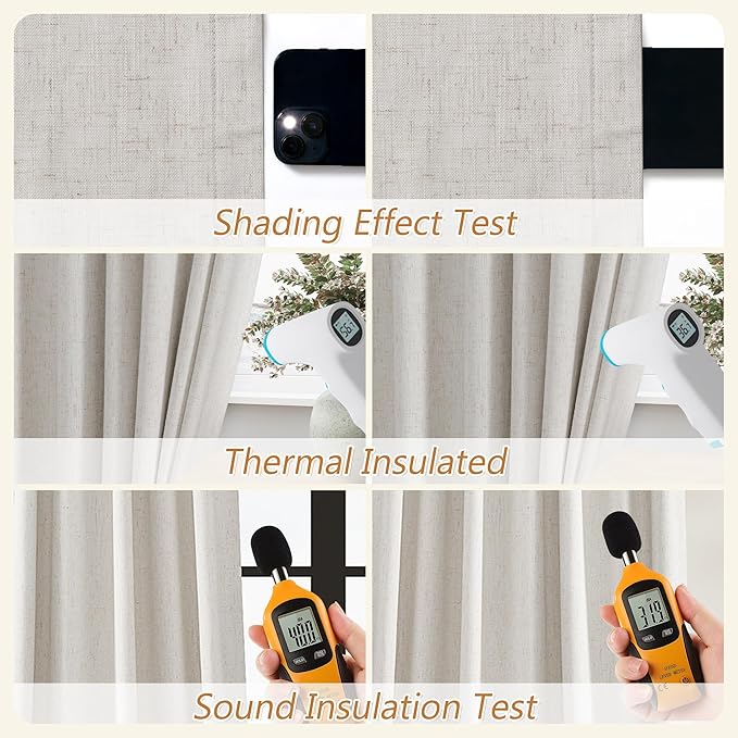 Guken Light Beige 100% Blackout Curtains 112 Inch Length 2 Panels Set Neutral Linen Farmhouse for Bedroom Back Tab Thermal Insulated Black Out Drapes Room Darkening Window Curtain 112 Inches Long