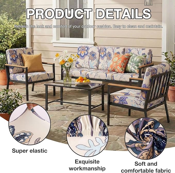 hyha 12Pcs Patio Cushion Covers, Stretch Outdoor Couch Cushion Covers, Washable Outdoor Chair/Sofa Slipcovers for Patio Furniture Cushions Protector with Elastic Bottom(Vintage Flower,Cover Only)