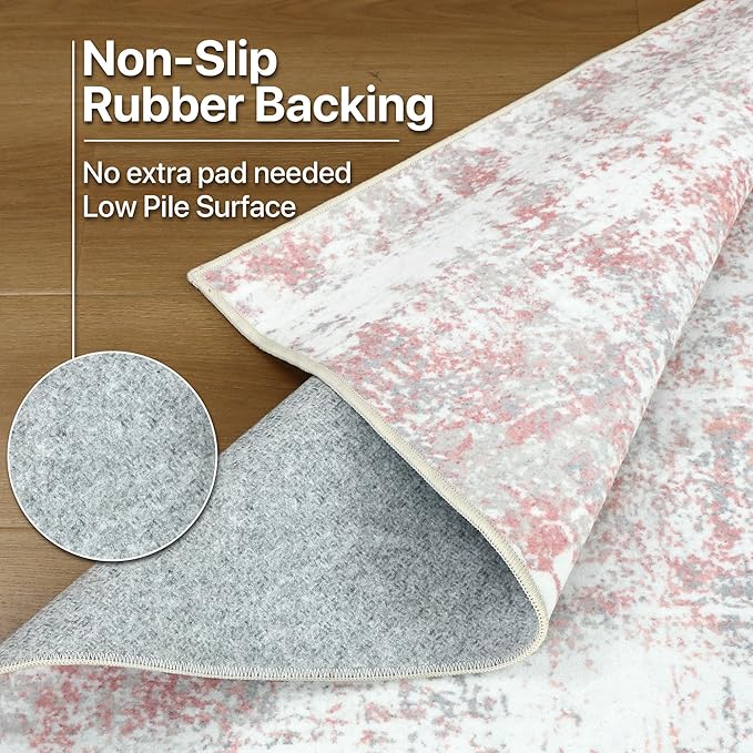 BEIMO Area Rugs 6x9 for Living Room Bedroom, Modern Abstract Machine Washable Rug, Large Soft Low Pile Floor Carpet with Non Slip Backing for Dining Room, Pink/Grey