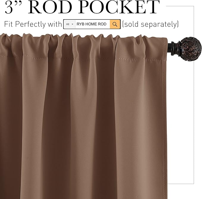 RYB HOME Blackout French Door Window Curtain Covering, Rod Pocket Thermal Insulated Privacy Non See Through Drapes for Bathroom Window, Width 29 by Length 45, Mocha, 2 Panels