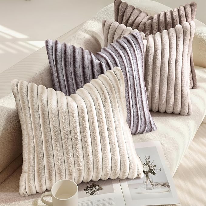 decorUhome Cozy Faux Fur Throw Pillow Covers 22x22 Set of 2 Decorative Soft Plush Striped Modern Farmhouse Boho Couch Euro Sham Pillow Cases with Velvet Back for Sofa Bed Living Roomr, Light Coffee