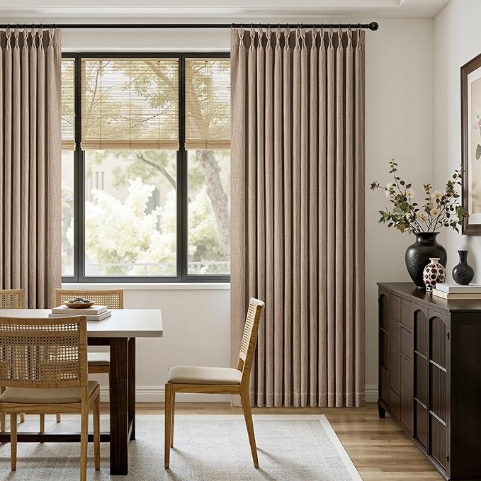 MIULEE Pinch Pleated Thick Linen Curtains 90 Inches Long 2 Panels for Living Room Bedroom, Linen Texture Memory Trained Brown Drapes Pleat Back Tab Light Filtering Country Farmhouse Burlap Curtains