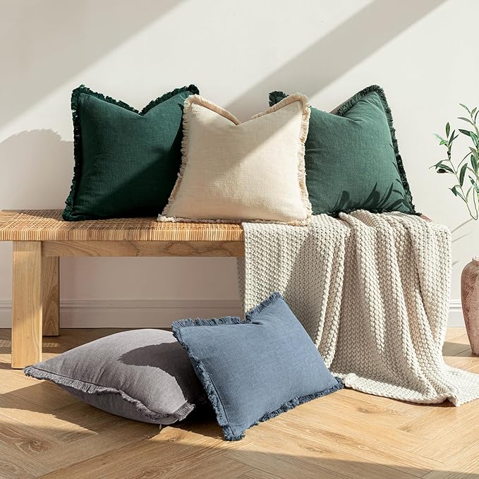 MIULEE Decorative Lumbar Throw Pillow Covers Neutral Linen Fringe Throw Pillows Set of 2 Beige Boho Farmhouse Cushion Covers with Tassels for Couch Sofa Bed Living Room Spring Home Decor 12x20 Inch