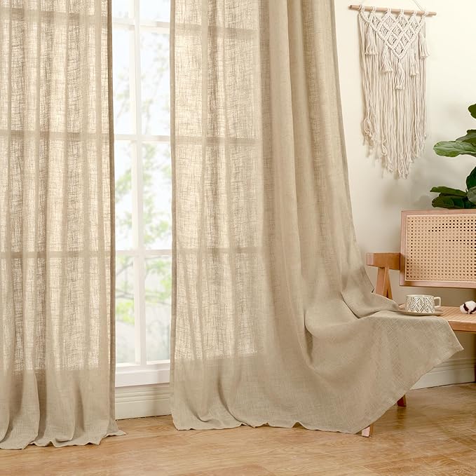 LAMIT Faux Linen Curtains 63 inches Long for Bedroom, Back Tab and Rod Pocket Linen Drapes Light Filtering Semi Sheer Curtains for Small Window/Farmhouse, 2 Panels (38 x 63 Inch, Brown)