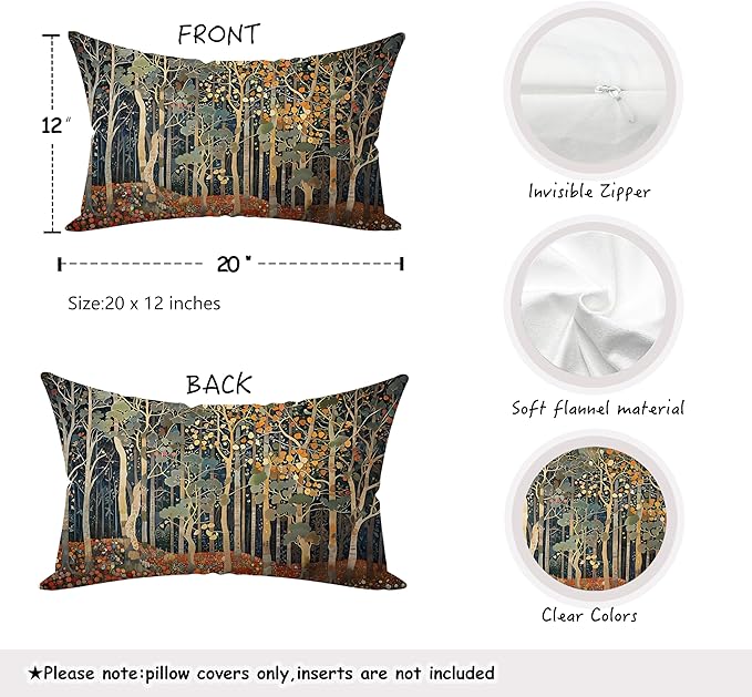 Rustic Autumn Forest Pillow Covers 20x12 Double-Sided, Fall Home Room Decor, Vintage Botanical Nature William Morris Inspired Decorative Throw Pillow Covers for Home Bedroom Living Room