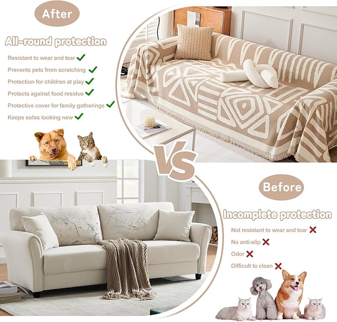 HANDONTIME Sofa Covers for Sectional Sofa Set Boho Couch Cover for Dogs Khaki Throw Couch Cover with Tassel Loveseat Covers Futon Cover L Shaped Cover Washable Chenille Couch Protector, 71" X134"