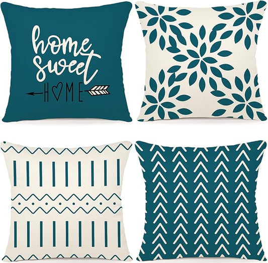 YCOLL Pillow Covers 20x20 Set of 4, Modern Sofa Throw Pillow Cover, Decorative Outdoor Linen Fabric Pillow Case for Couch Bed Car,Teal