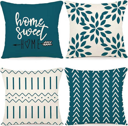 YCOLL Pillow Covers 16x16 Set of 4, Modern Sofa Throw Pillow Cover, Decorative Outdoor Linen Fabric Pillow Case for Couch Bed Car,Teal