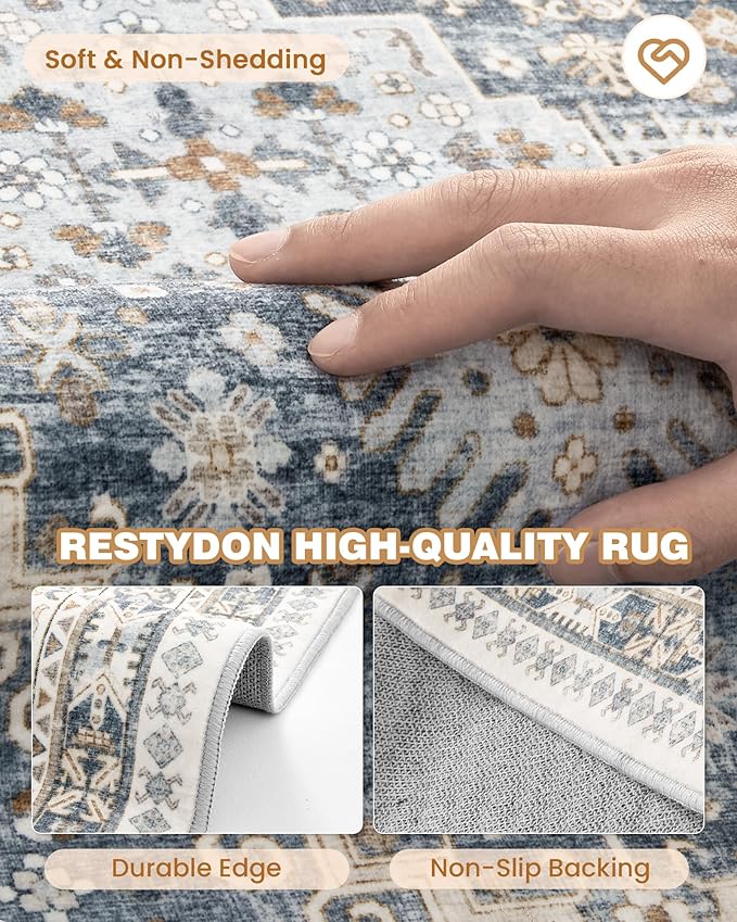 Runner Rug 2x10, Ultra-Thin Kitchen Rugs Non Slip Washable Rugs for Entryway Rug, Kitchen Runner Low Pile Vintage Soft Carpets for Living Room, Bathroom Bedroom (Blue/Beige,2'x10')