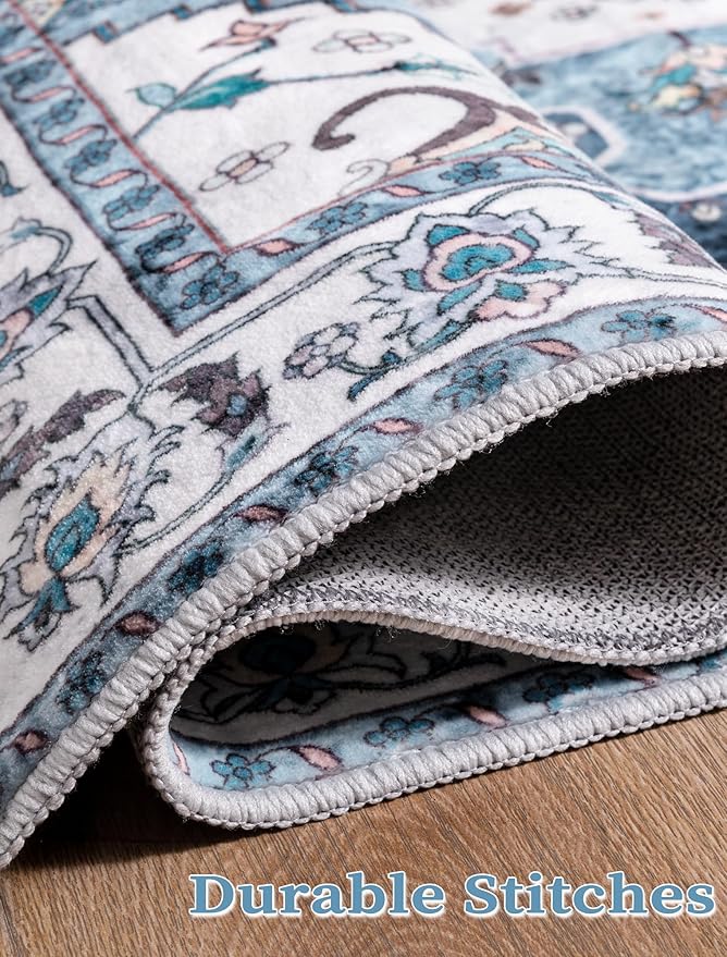 SERISSA Boho Washable Runner Rug, 2'6"x8' Non-Slip Vintage Blue Hallway Kitchen Runner Rug Ultra Soft Print Distressed Floor Carpet for Bedroom Bathroom Laundry Living Room