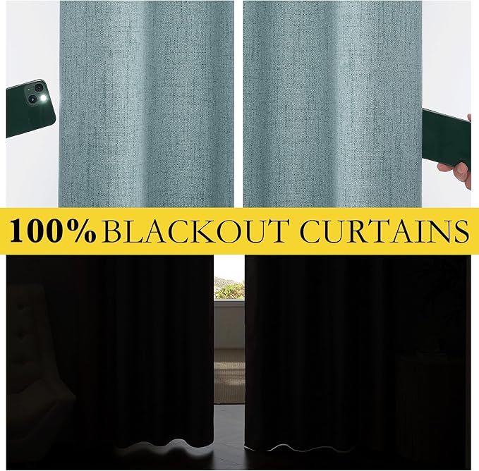 NICETOWN 100% Absolutely Blackout Linen Curtains with Thermal Insulated White Liner, Skylark Blue, 42 inches Wide, 84 inches Length Energy Saving Curtains for Living Room 2 Panels Set, Vertical Blinds
