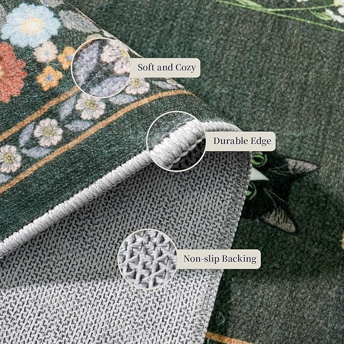 3x7 Washable Kitchen Runner Rug - Soft Low Pile Floral Animal Cat Print Rugs with Non-Slip Backing Waterproof Stain-Resistant Indoor Carpet for Hallway Entryway Bathroom Bedroom (Sage Green)