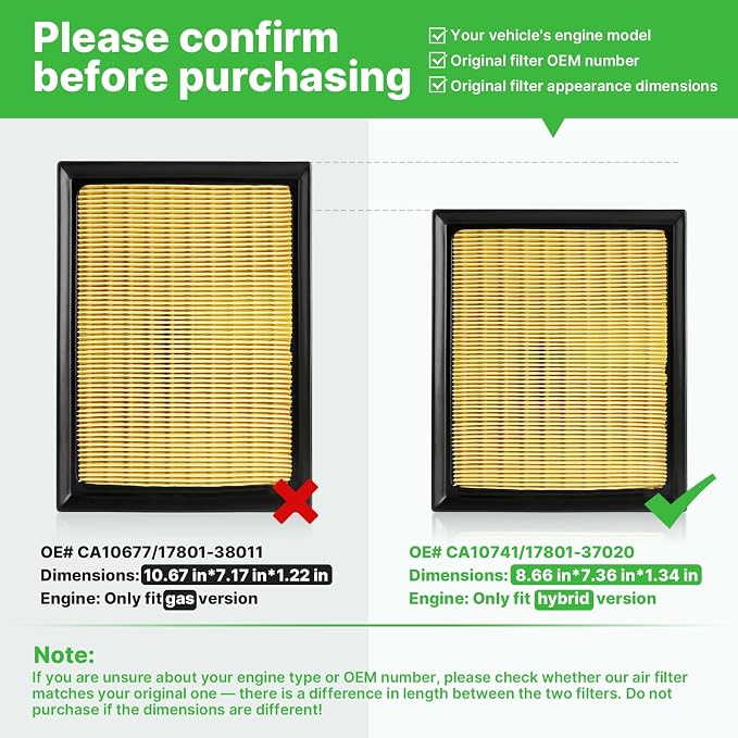 Engine+Cabin Air Filters Fit for 2016-2018 Toyota RAV4 Hybrid 2.5L, 2010-2015 - Image 2