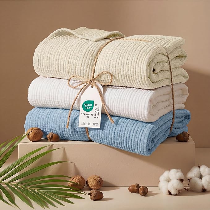 Bedsure 100% Cotton Muslin Blanket King Size for Bed - 4-Layer Breathable and Lightweight Thin Soft Summer Gauze Muslin Blanket for Adults, Blue, 108x90 Inches