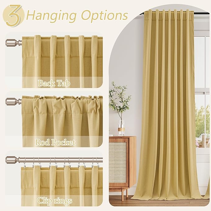 Guken 100% Blackout Curtains 72 Inch Length 2 Panels Set for Living Room Bedroom Back Tab Thermal Insulated Black Out Linen Drapes Room Darkening Window Curtains 72 Inches Long,Gold Yellow