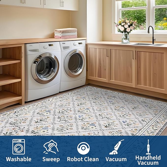 Large Area Rugs 10x13 Washable Rug for Spring Farmhouse Floral Carpet Grey Beige Soft Non Slip Low Pile Faux Wool Stain Resistant for Bedroom Kitchen Bathroom Laundry