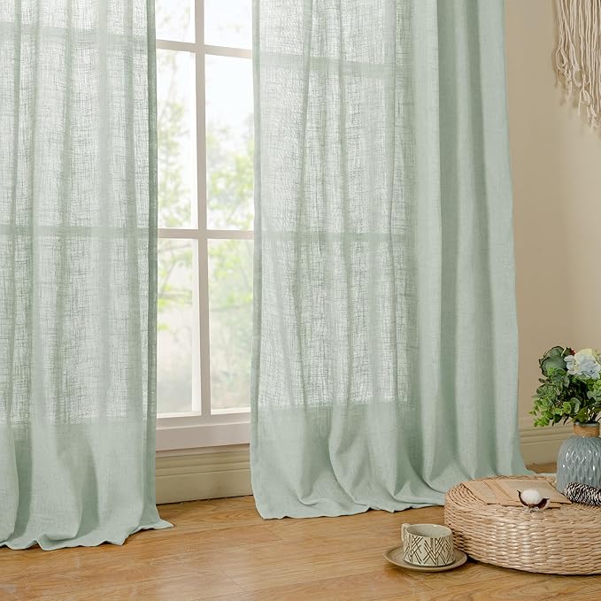 LAMIT Living Room Linen Curtains - 90 Inch, Back Tab & Rod Pocket, Light Filtering, Burlap Textured Sheer Curtains for Farmhouse, 2 Panels, 52 x 90 Inch, Light Sage