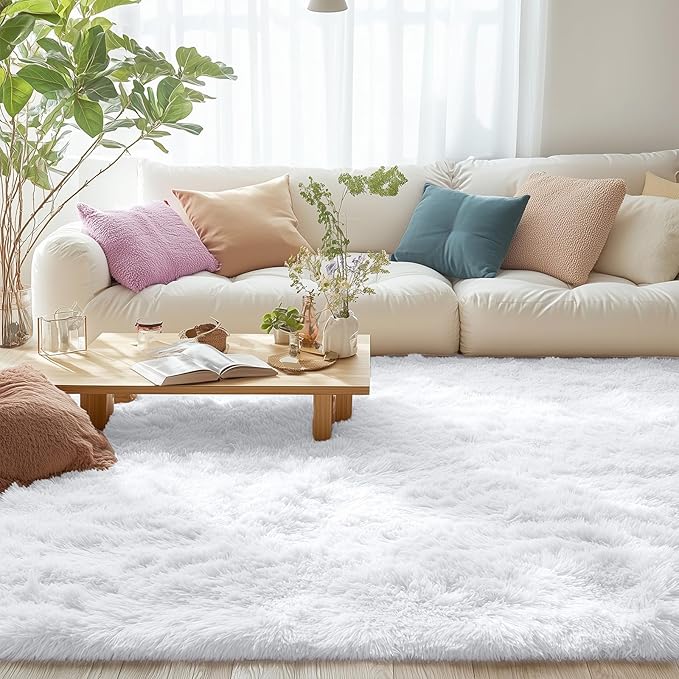 OLANLY 8x12 Machine Washable Large Area Rugs for Living Room, Bedroom, Soft Fluffy Shaggy Bedside Rug, Indoor Floor Carpet for Kids Girls and Boys, Dorms, Nursery, Home Decor Aesthetic, White