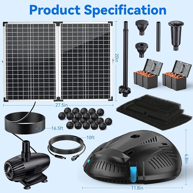 POPOSOAP Pond Filter with 55W Solar Fountain Pump, Solar Pond Filter with - Image 6