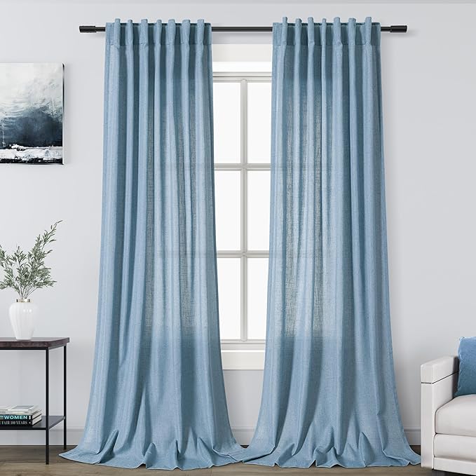 Nanspring Blue Extra Long Curtain 102 inches Long 2 Panels Set for Living Room Back Tab Modern Farmhouse Coastal Decor Cotton Textured Dusty Blue Sheer Linen Curtains for High Window 52x102