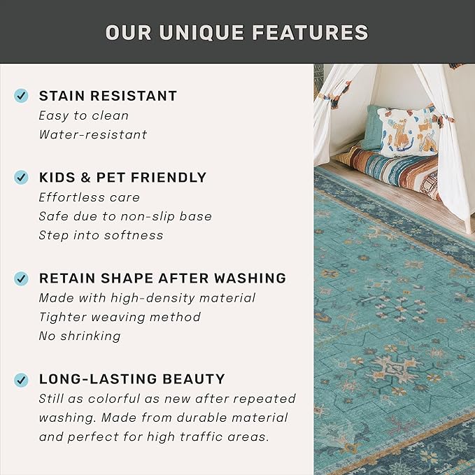 Boho 2x10 Extra Long Runner Rugs for Hallways - Machine Washable for Entryway Indoor, Stain Resistant Runner Rug for Kitchen - Non Slip with Rubber Backing, Teal Low Pile & Soft Carpet