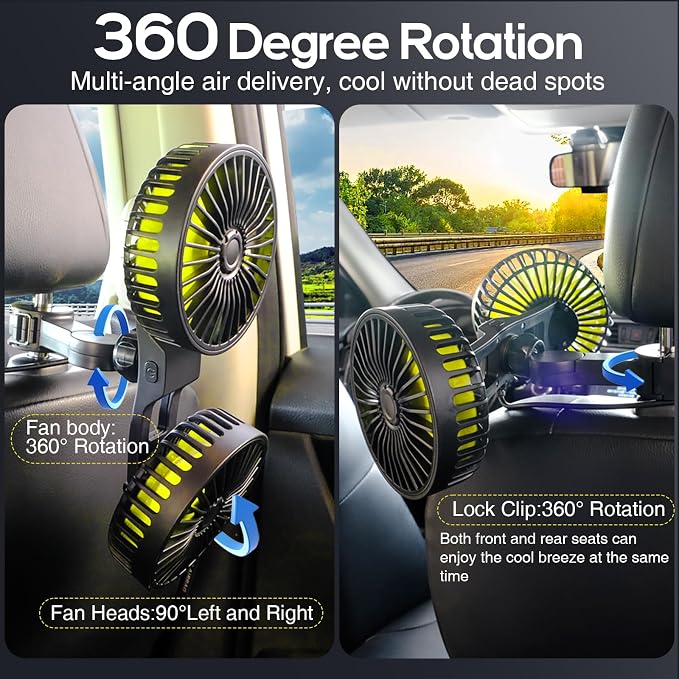 Dealswin Car Fan for Backseat kids, Dual Head USB Car Seat Fans, 360° Rotatable - Image 2