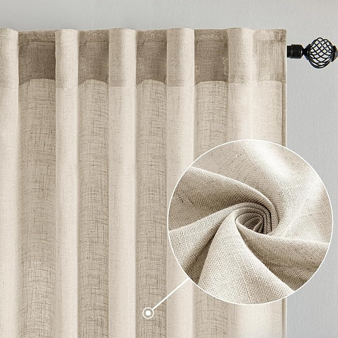 MIULEE Beige Linen Curtains 108 Inches Long 2 Panels for Bedroom Living Room, Soft Linen Textured Window Drapes Semi Sheer Light Filtering Back Tab Rod Pocket Farmhouse Modern Burlap Look Decor