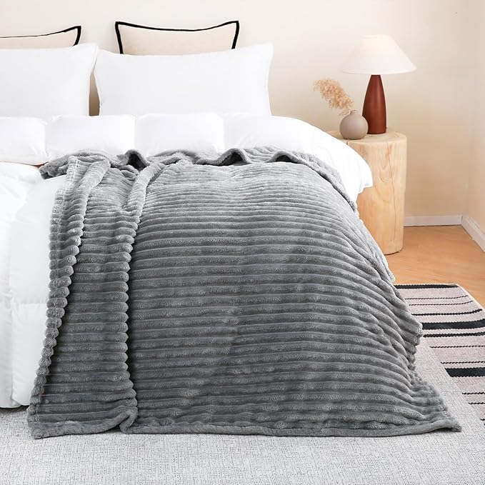 Grey Fleece Throw Blanket 90”×90” for Couch Sofa Bed,Super Soft Cozy Plush Microfiber Flannel Blanket with Stripes Design Lightweight for Adults,Woman,Girls