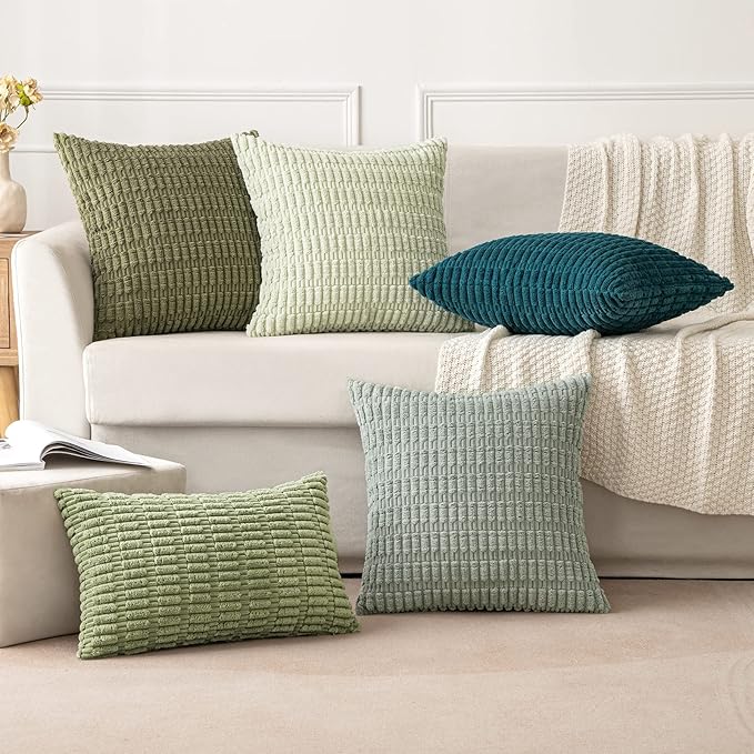 MIULEE Pack of 2 Spring Corduroy Decorative Throw Pillow Covers 18x18 Inch Soft Boho Striped Pillow Covers Modern Farmhouse Home Decor for Summer Sofa Living Room Couch Bed Olive Green