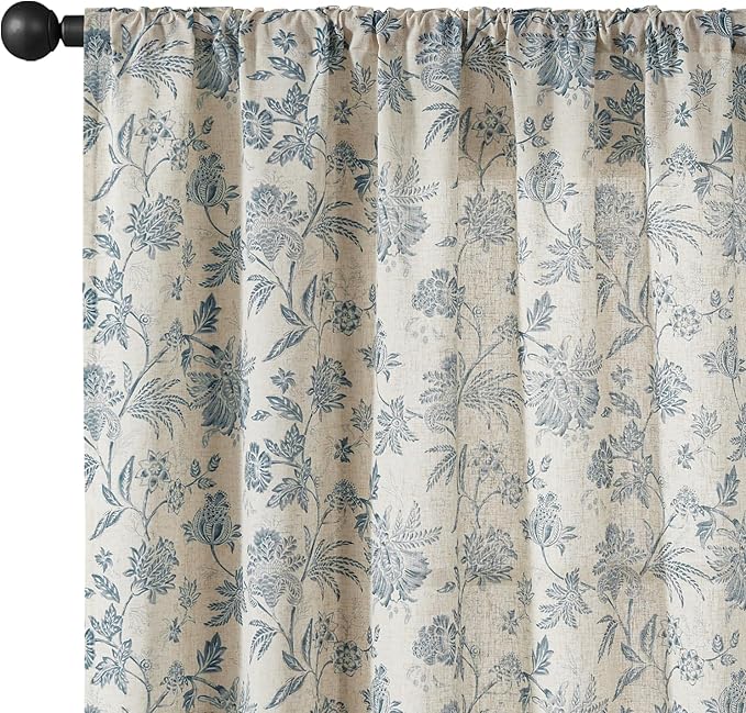 jinchan Linen Floral Curtains for Living Room with Printed Flower 63 Inches Long Light Filtering French Country Back Tab Rod Pocket Blue Window Curtain Set Farmhouse Drapes 2 Panels Blue