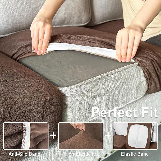 Leather Look Couch Cushion Covers Sofa Seat Slipcovers Sets Couches Furniture Protector for Sectional Armchair Loveseat Pets Kids Stretch Spandex Fabric (3 Cushion XL Sofa, Brown)