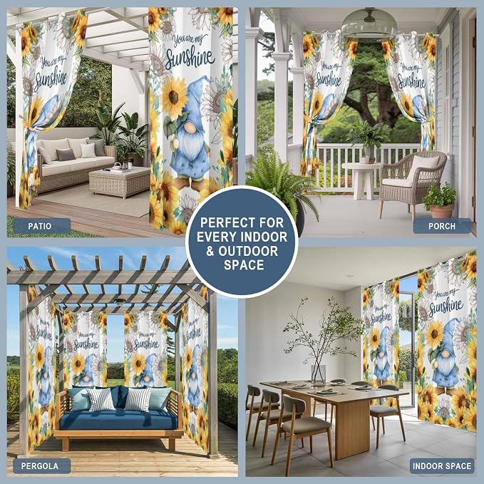 Summer Outdoor Curtains for Patio Sunflowers Gnome Eucalyptus Leaves Waterproof - Image 8