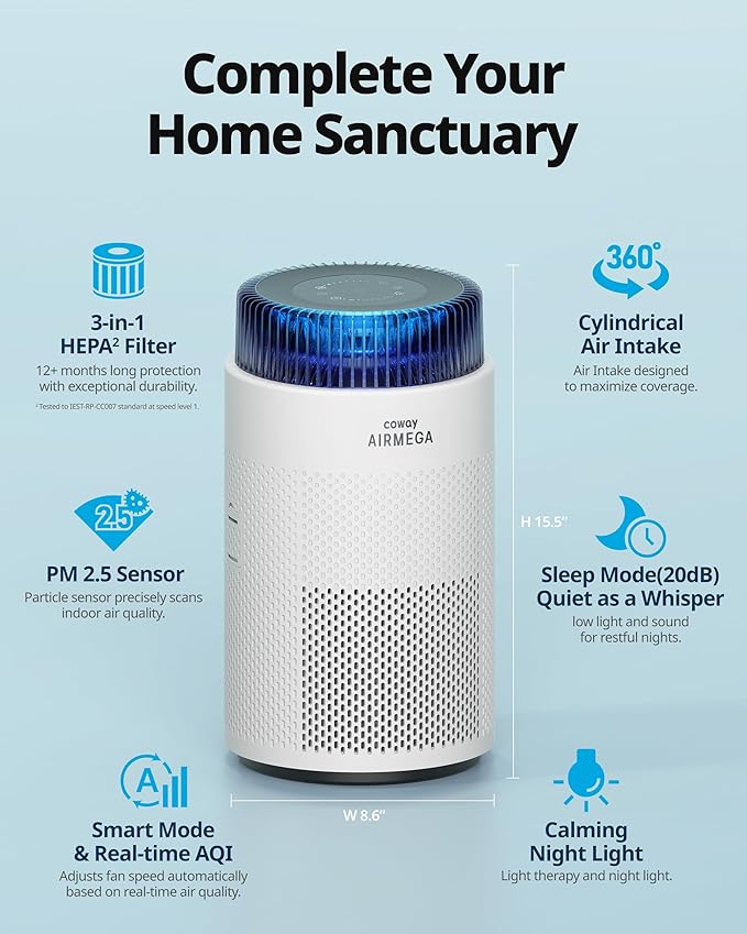 COWAY Air Purifiers for Home up to 810 ft², HEPA and Carbon Filter for Smoke - Image 2