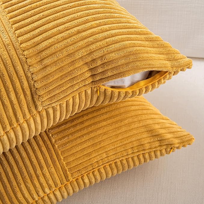 Fancy Homi 2 Packs Gold Yellow Samll Decorative Throw Pillow Covers 14x14 Inch with for Couch Bed Sofa, Farmhouse Boho Spring Home Decor, Soft Corss Patchwork Corduroy Square Cushion Case 35x35 cm