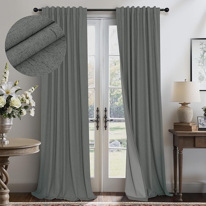 Gray Blackout Curtains 96 Inches Long 2 Panel Burg Linen Textured Charcoal Dark Grey Room Darkening Curtains for Bedroom Office Insulated Thermal Curtains for Summer Heat Light Blocking Divider Drapes