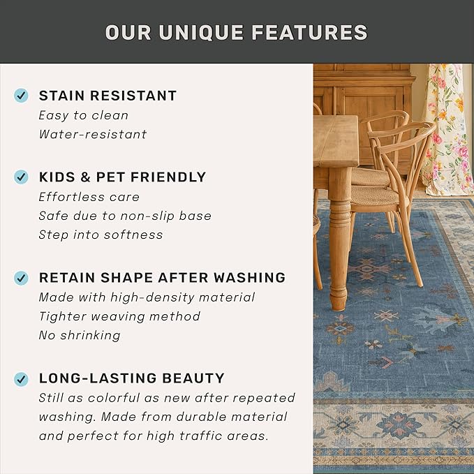 Hazo Haus Blue Big Rugs for Living Room - Dusty Blue 10x12 Area Rug for Large Bedroom, Dining Room, Washable Lightweight Foldable Floral Modern Home Décor